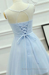 A Line Round Neck Lace Blue Short Semi Formal Prom Dresses, Short Blue Lace Formal Graduation Homecoming Dresses